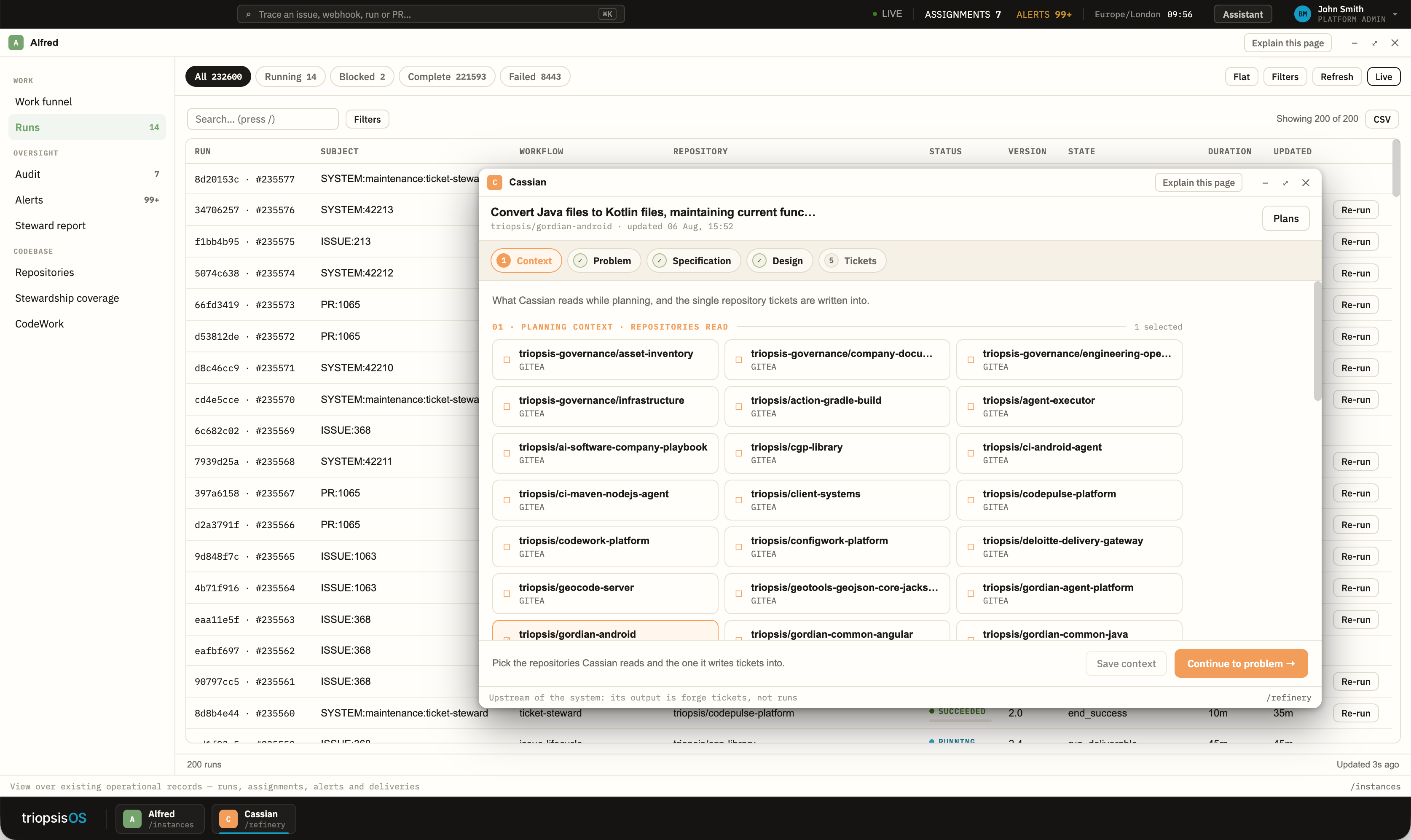 triopsisOS Alfred runs view with Cassian planning context and repository selection