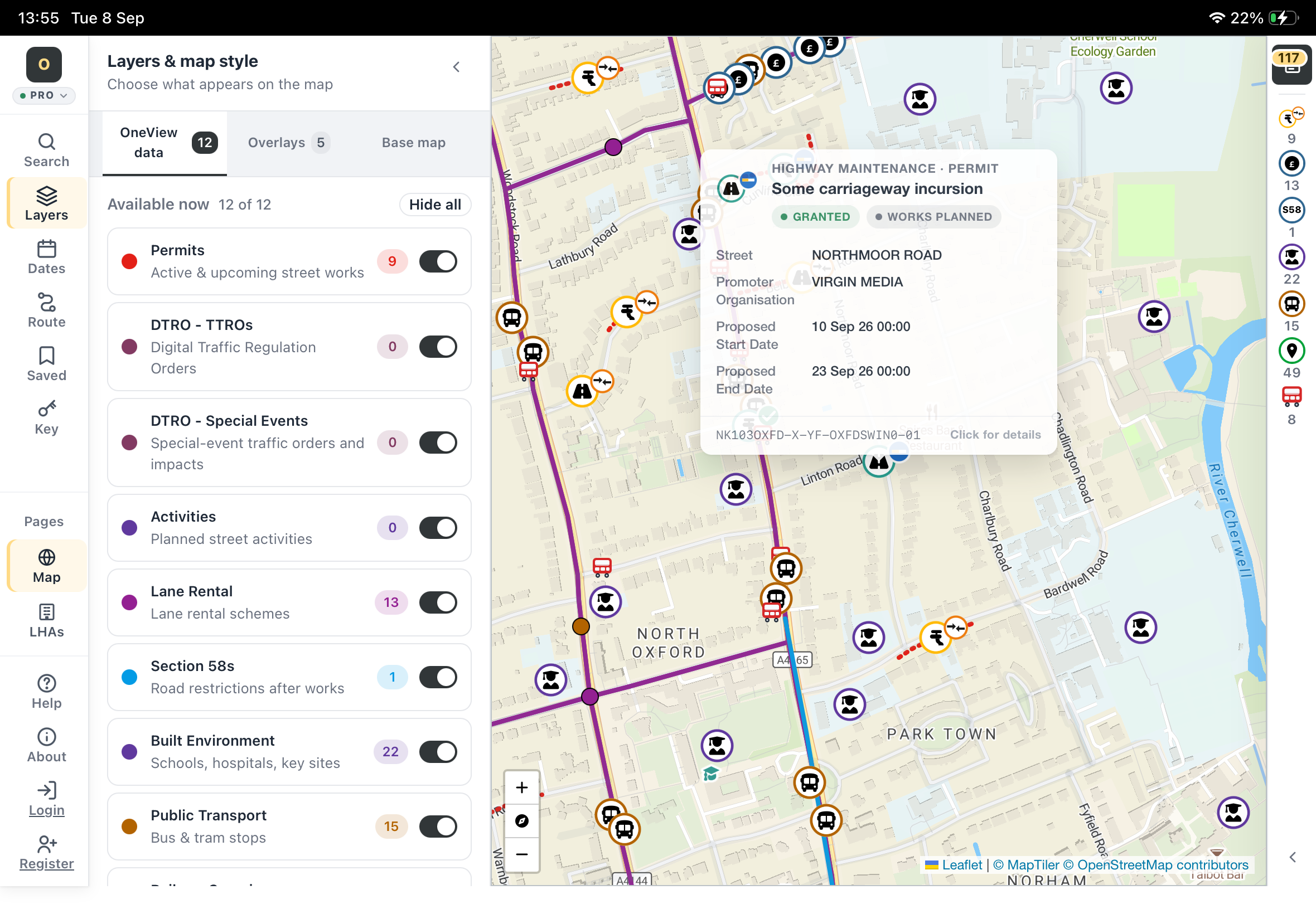 OneView network map showing street works, permits and transport layers around North Oxford.